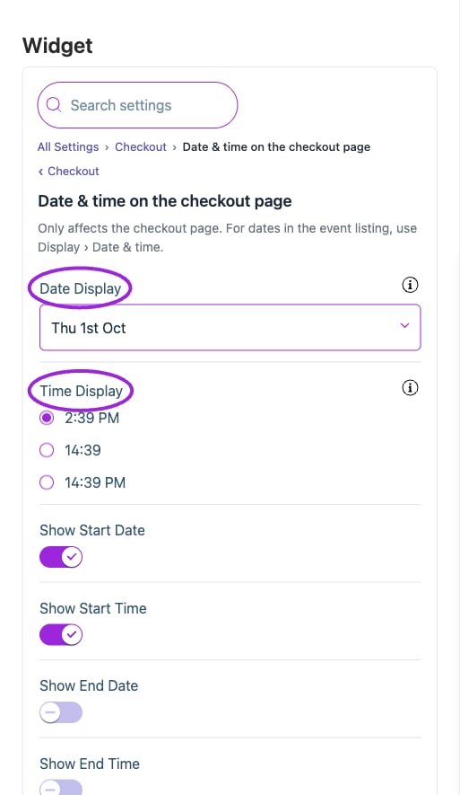 All Settings → Date & time — Checkout dates, availability and price summary. The circles identify Date Display and Time Display.