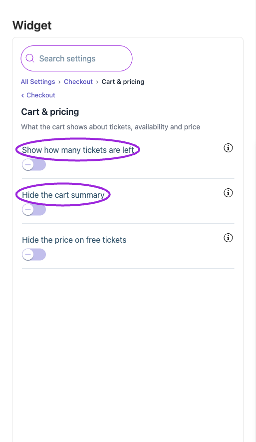 All Settings → Cart & pricing — Checkout dates, availability and price summary. The circles identify Show how many tickets are left and Hide the cart summary.