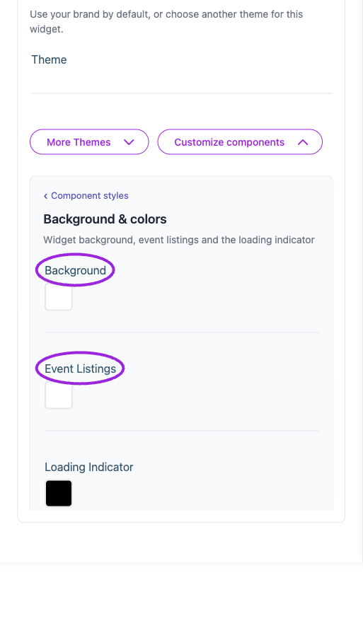 All Settings → Background & colors — Change component styling and inspect preview. The circles identify Background and Event Listings.