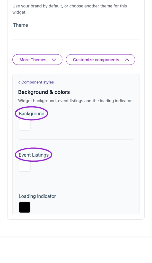 All Settings → Background & colors — Change component styling and inspect preview. The circles identify Background and Event Listings.