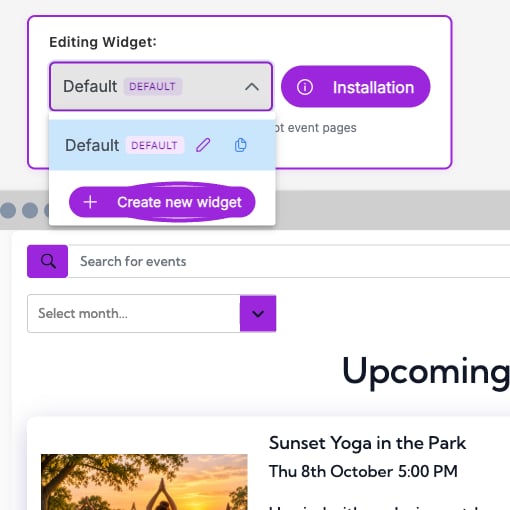 Editing Widget dropdown with Create new widget and the Installation button beside it