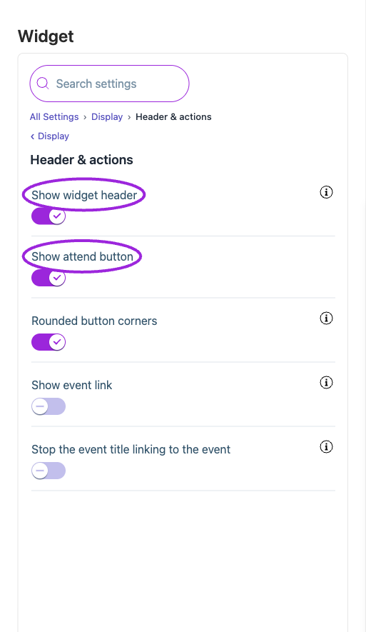 All Settings → Display — Header & actions. The circles identify Show widget header and Show attend button.