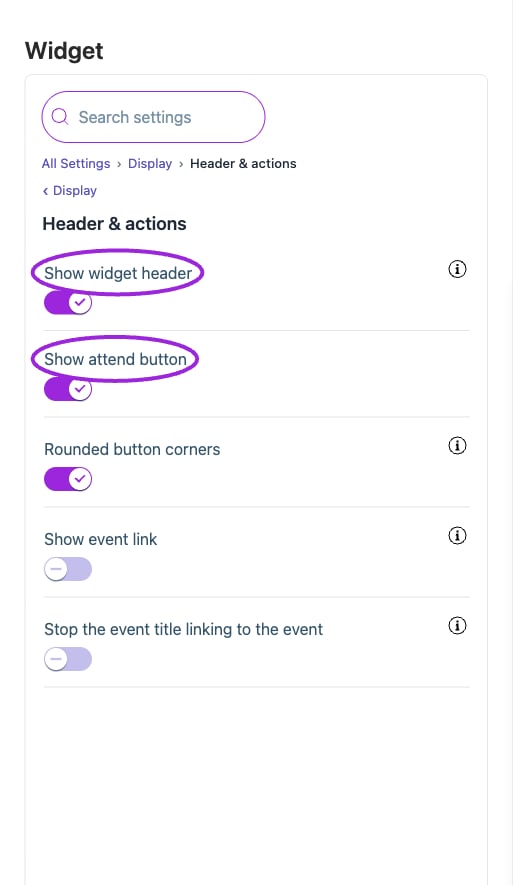 All Settings → Display — Header & actions. The circles identify Show widget header and Show attend button.