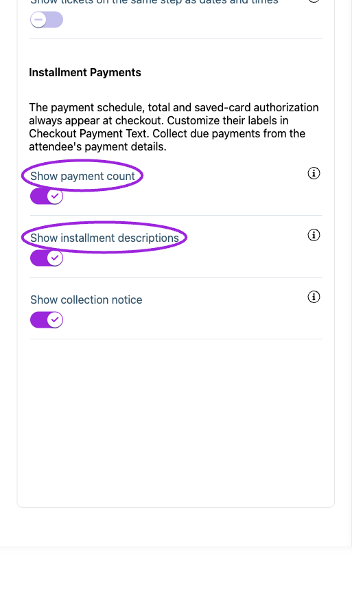 All Settings → Display — Checkout & payment. Continued controls. The circles identify Show payment count and Show installment descriptions.