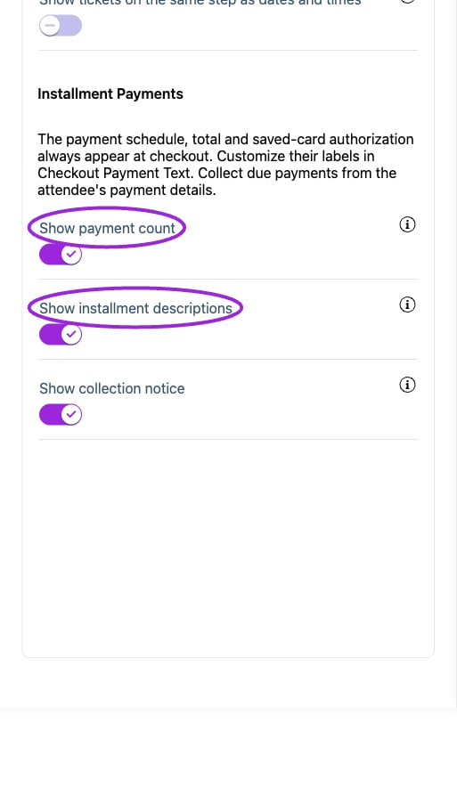 All Settings → Display — Checkout & payment. Continued controls. The circles identify Show payment count and Show installment descriptions.