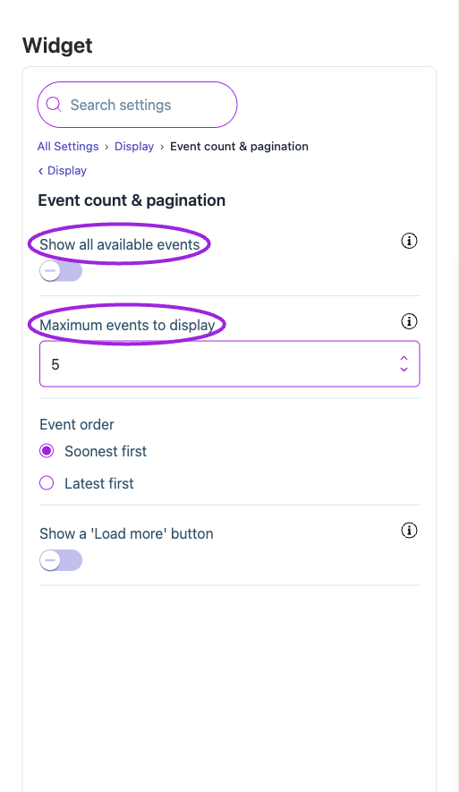 All Settings → Display — Event count & pagination. The circles identify Show all available events and Maximum events to display.