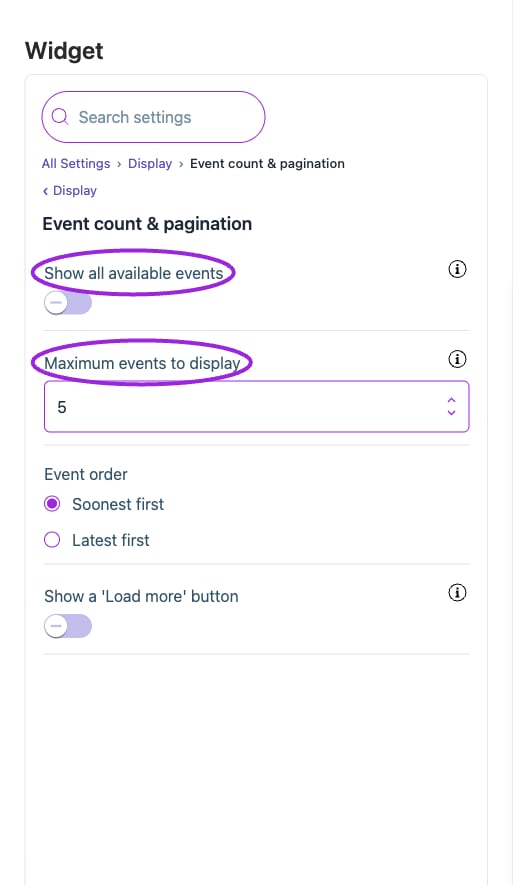 All Settings → Display — Event count & pagination. The circles identify Show all available events and Maximum events to display.