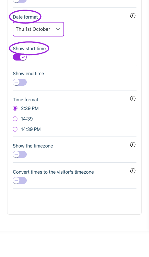 All Settings → Display — Date & time. Continued controls. The circles identify Date format and Show start time.