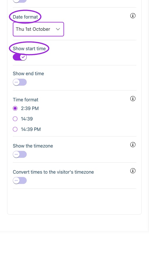 All Settings → Display — Date & time. Continued controls. The circles identify Date format and Show start time.