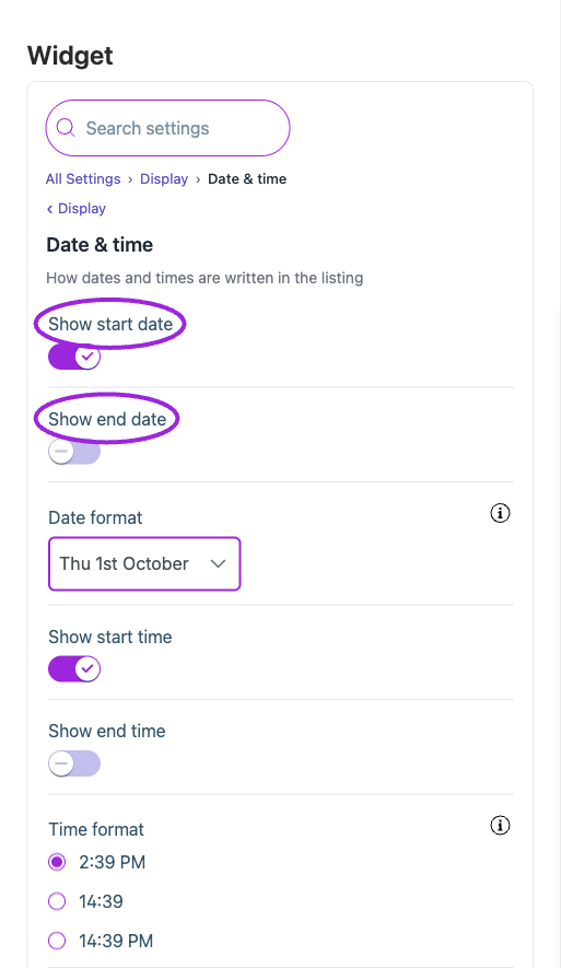 All Settings → Display — Date & time. The circles identify Show start date and Show end date.