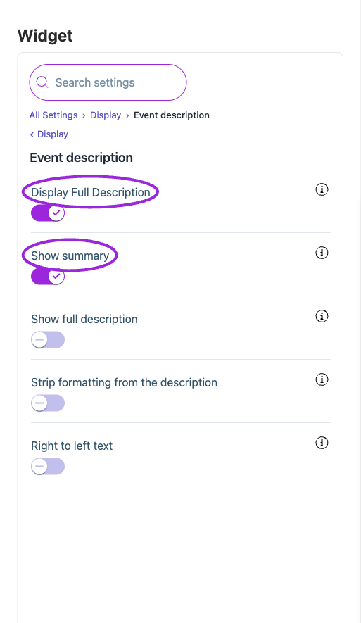 All Settings → Display — Event description. The circles identify Display Full Description and Show summary.