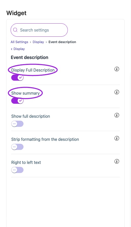 All Settings → Display — Event description. The circles identify Display Full Description and Show summary.