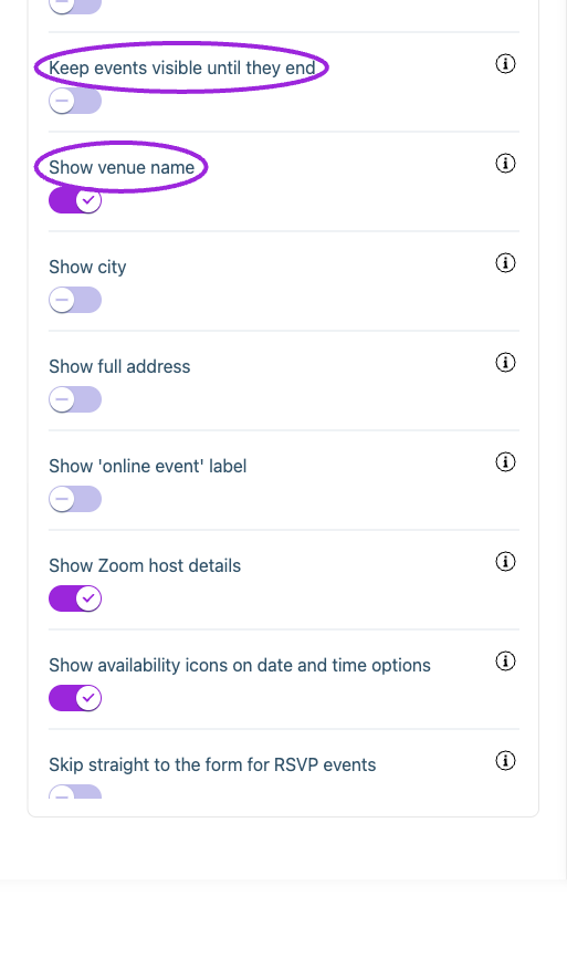 All Settings → Display — Event details. Continued controls. The circles identify Keep events visible until they end and Show venue name.