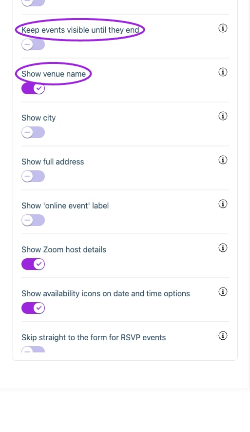 All Settings → Display — Event details. Continued controls. The circles identify Keep events visible until they end and Show venue name.
