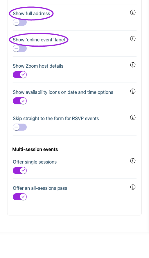 All Settings → Display — Event details. Continued controls. The circles identify Show full address and Show 'online event' label.