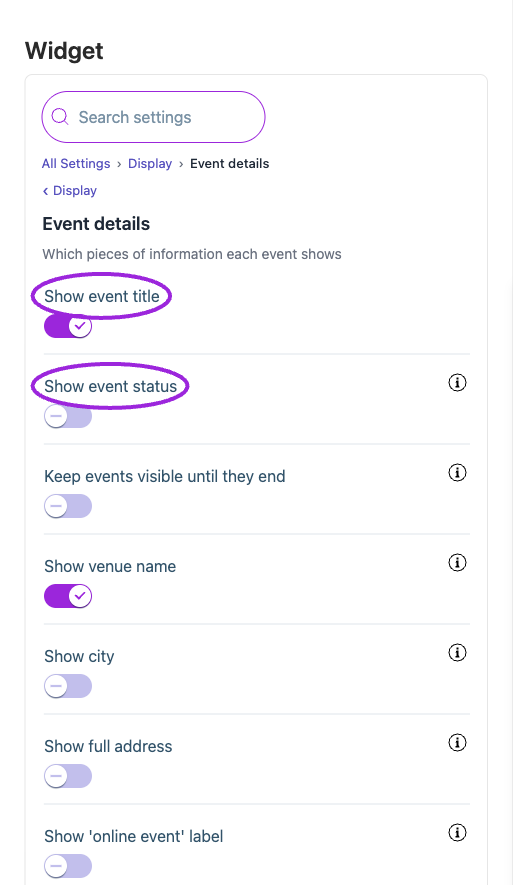 All Settings → Display — Event details. The circles identify Show event title and Show event status.