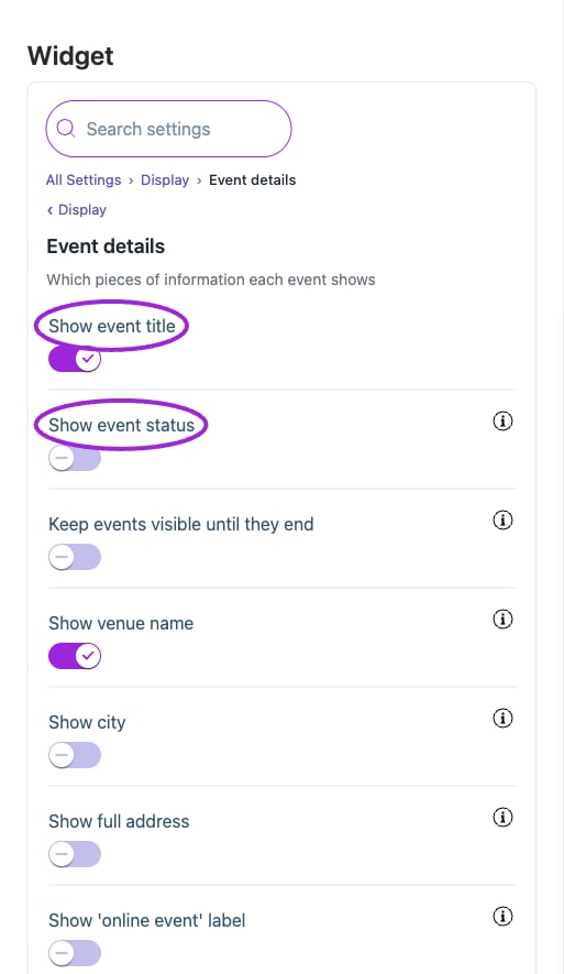 All Settings → Display — Event details. The circles identify Show event title and Show event status.