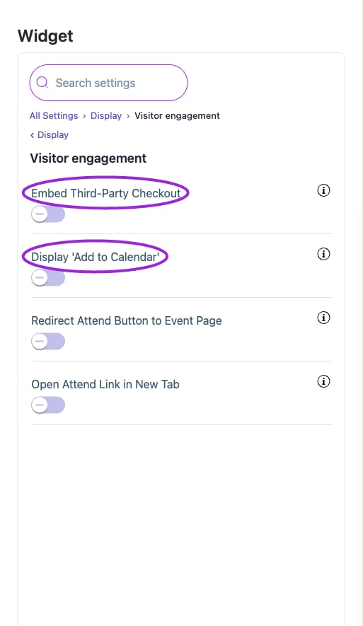 All Settings → Display — Visitor engagement. The circles identify Embed Third-Party Checkout and Display 'Add to Calendar'.