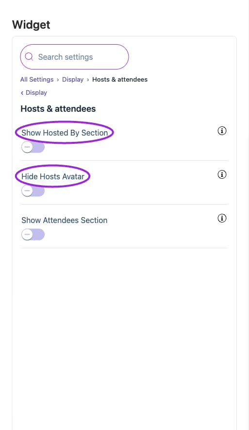 All Settings → Display — Hosts & attendees. The circles identify Show Hosted By Section and Hide Hosts Avatar.