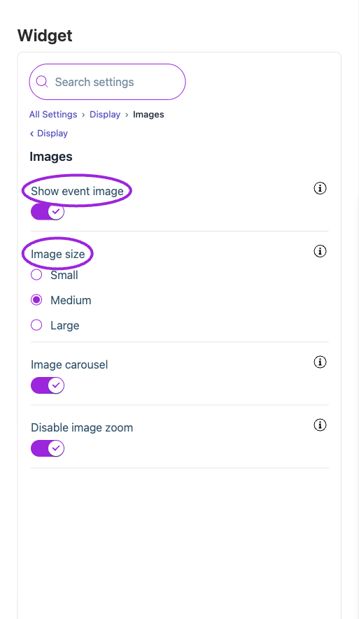 All Settings → Display — Images. The circles identify Show event image and Image size.