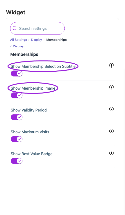 All Settings → Display — Memberships. The circles identify Show Membership Selection Subtitle and Show Membership Image.