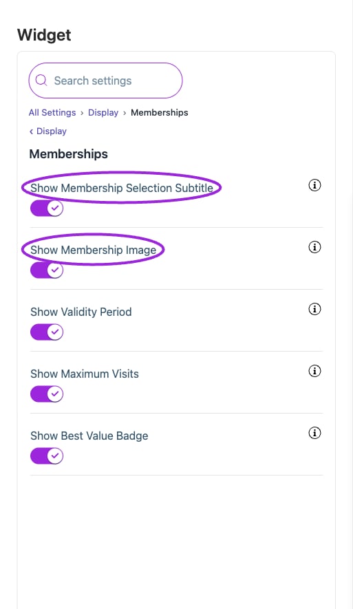 All Settings → Display — Memberships. The circles identify Show Membership Selection Subtitle and Show Membership Image.