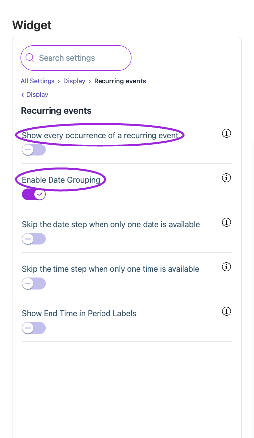 All Settings → Display — Recurring events. The circles identify Show every occurrence of a recurring event and Enable Date Grouping.