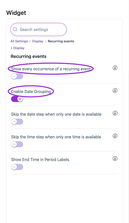 All Settings → Display — Recurring events. The circles identify Show every occurrence of a recurring event and Enable Date Grouping.