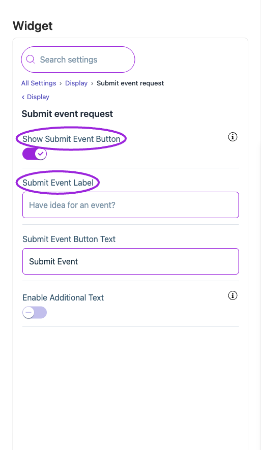 All Settings → Display — Submit event request. The circles identify Show Submit Event Button and Submit Event Label.