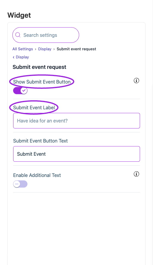 All Settings → Display — Submit event request. The circles identify Show Submit Event Button and Submit Event Label.