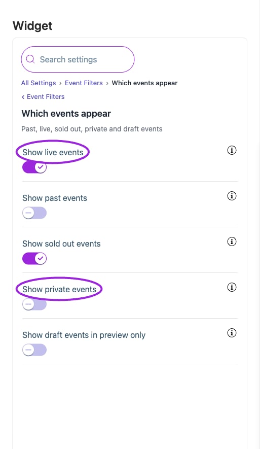 Which events appear controls the statuses included by this widget. Draft preview visibility does not publish drafts, and private-event visibility does not remove access restrictions.