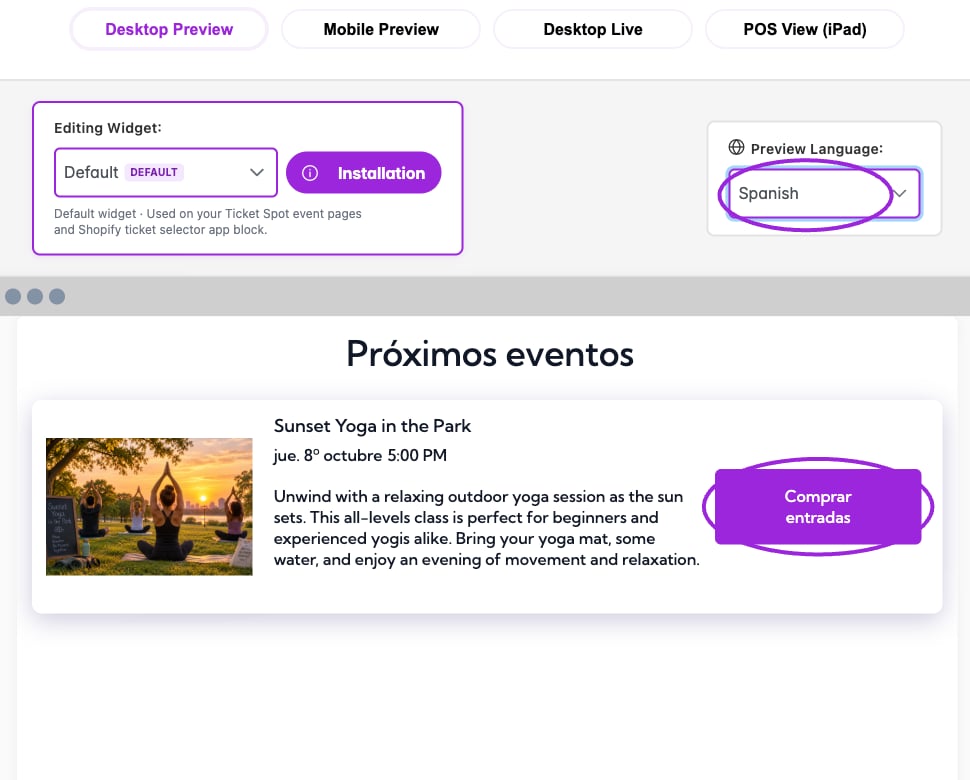 Preview Language is set to Spanish. The supplied heading, date wording, and Buy Tickets button are translated; the event’s authored title and description remain unchanged.