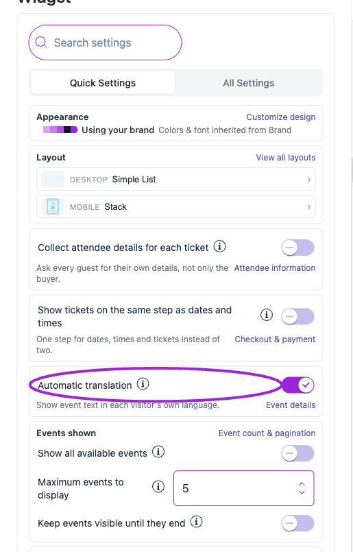 In Design → Widget → Quick Settings, Automatic translation enables supported translated labels in the widget and checkout.
