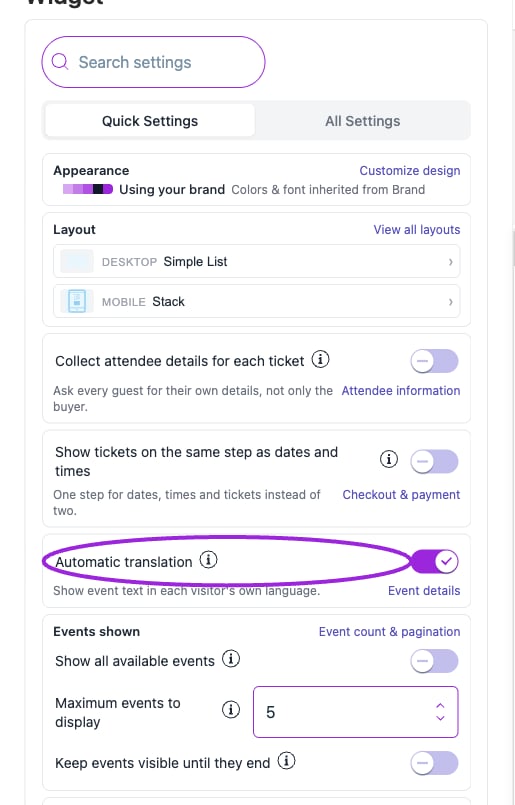In Design → Widget → Quick Settings, Automatic translation enables supported translated labels in the widget and checkout.