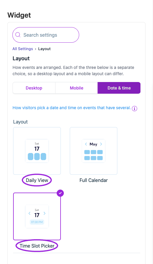 Date & time offers Daily View, Full Calendar, and Time Slot Picker as an independent layout choice.