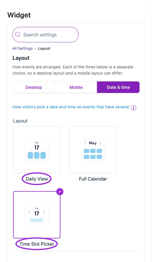 Date & time offers Daily View, Full Calendar, and Time Slot Picker as an independent layout choice.