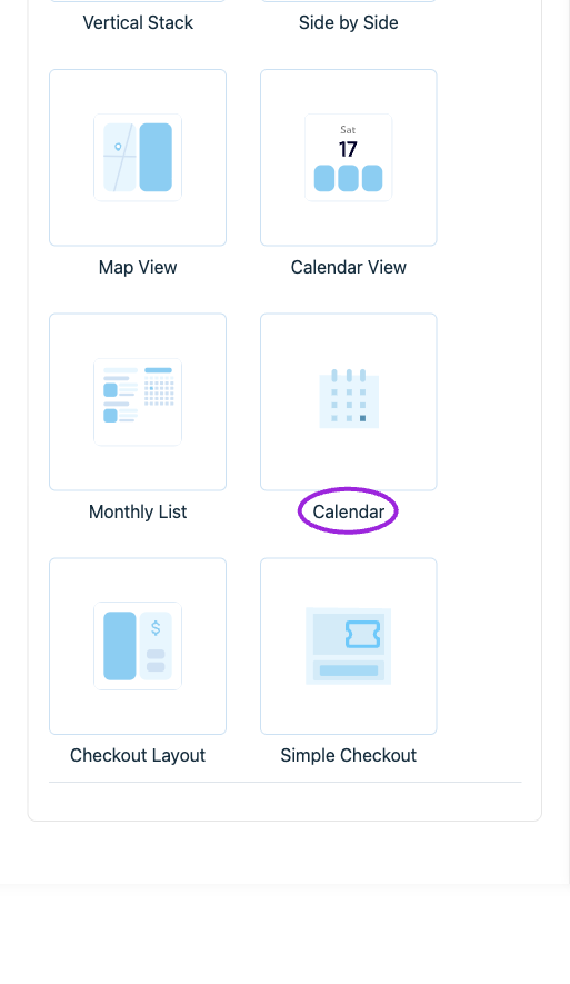 More desktop layouts include map, calendar, monthly, and checkout views. Calendar, Calendar View, and Date & time’s Full Calendar are distinct choices.