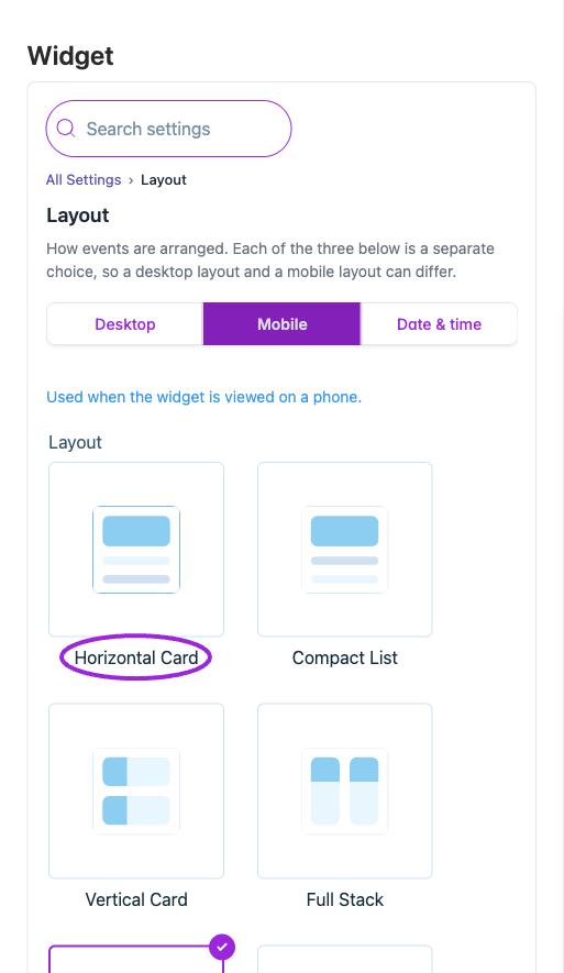 The Mobile tab selects the phone layout independently from the desktop listing. The thumbnails preview the available arrangements.