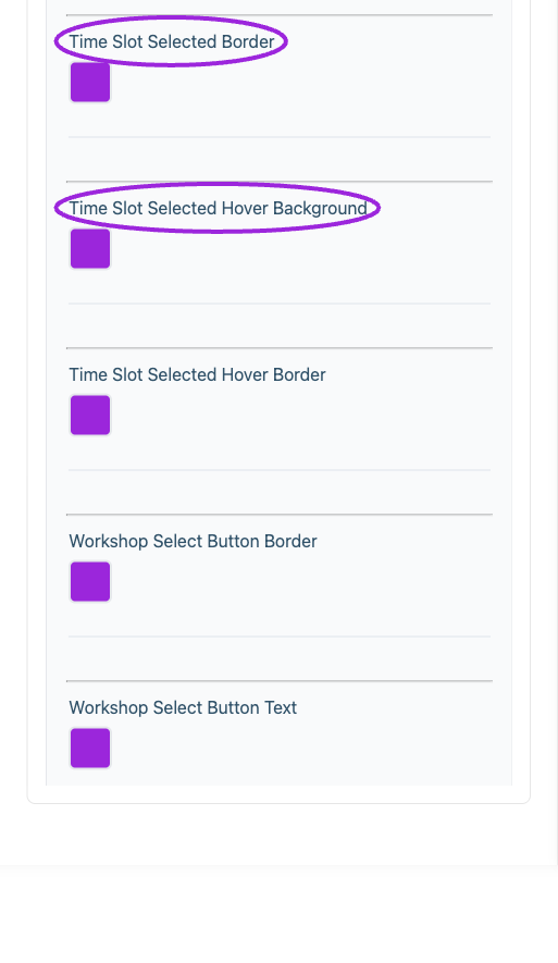 All Settings → Workshops & add-ons — Workshop and add-on styling. Continued controls. The circles identify Time Slot Selected Border and Time Slot Selected Hover Background.