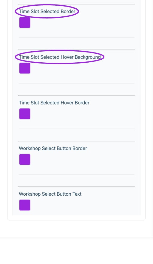 All Settings → Workshops & add-ons — Workshop and add-on styling. Continued controls. The circles identify Time Slot Selected Border and Time Slot Selected Hover Background.