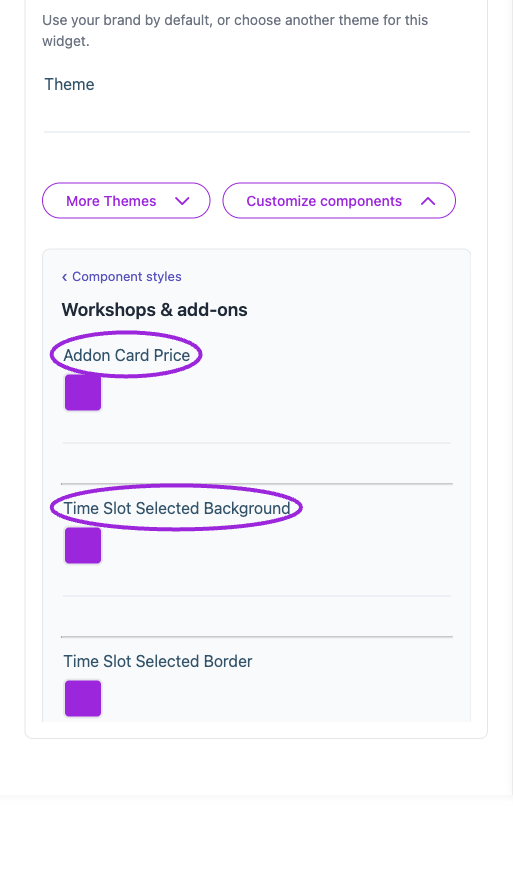 All Settings → Workshops & add-ons — Workshop and add-on styling. The circles identify Addon Card Price and Time Slot Selected Background.