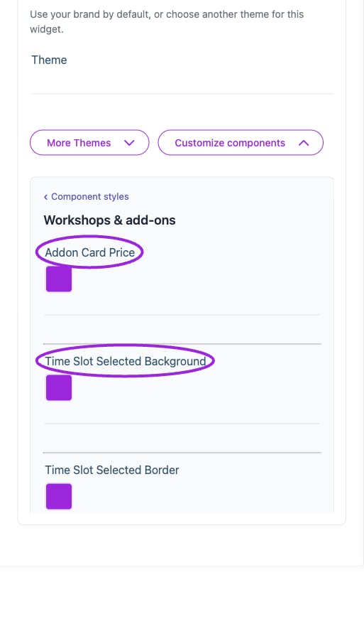 All Settings → Workshops & add-ons — Workshop and add-on styling. The circles identify Addon Card Price and Time Slot Selected Background.