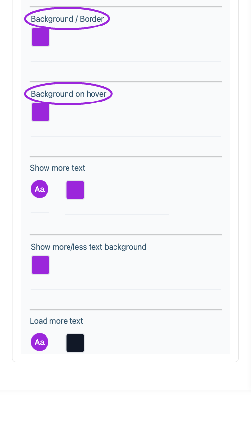 All Settings → Buttons — Buttons and add-to-calendar styling. Continued controls. The circles identify Background / Border and Background on hover.