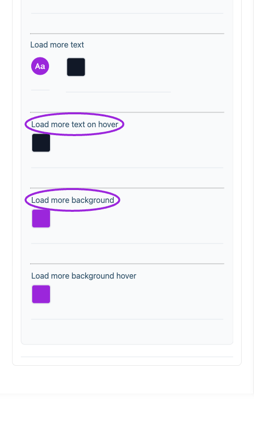All Settings → Buttons — Buttons and add-to-calendar styling. Continued controls. The circles identify Load more text on hover and Load more background.