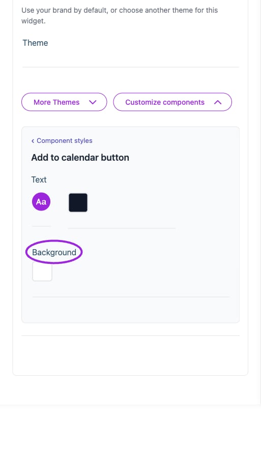 All Settings → Add to calendar button — Buttons and add-to-calendar styling. The circles identify Background.