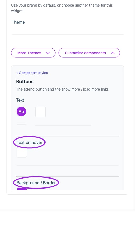 All Settings → Buttons — Buttons and add-to-calendar styling. The circles identify Text on hover and Background / Border.