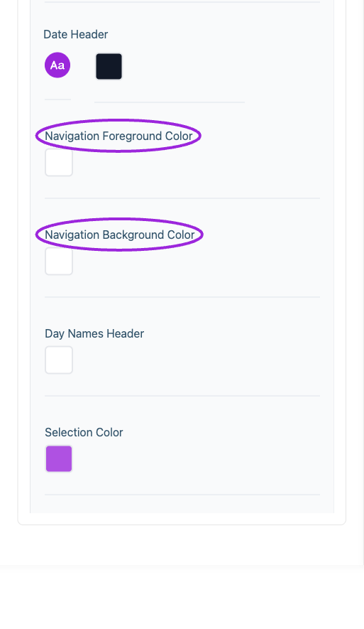 All Settings → Calendar — Calendar and multi-day styling. Continued controls. The circles identify Navigation Foreground Color and Navigation Background Color.
