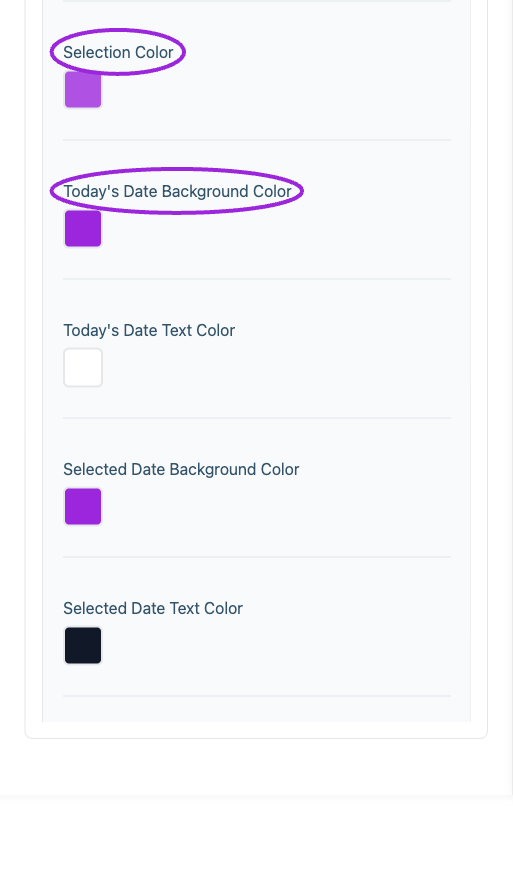 All Settings → Calendar — Calendar and multi-day styling. Continued controls. The circles identify Selection Color and Today's Date Background Color.