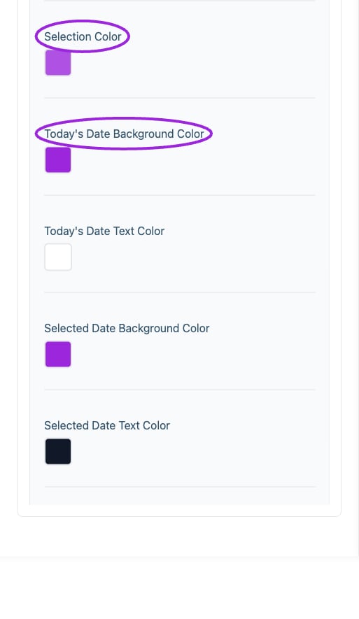 All Settings → Calendar — Calendar and multi-day styling. Continued controls. The circles identify Selection Color and Today's Date Background Color.