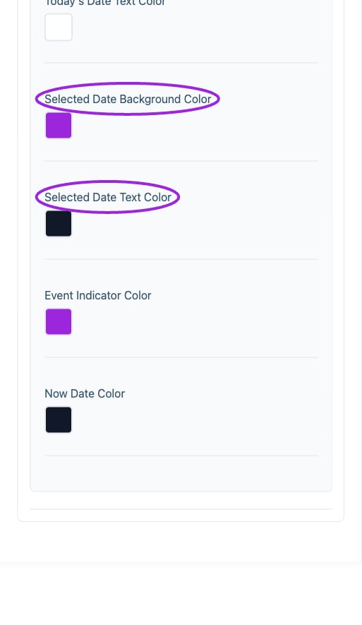 All Settings → Calendar — Calendar and multi-day styling. Continued controls. The circles identify Selected Date Background Color and Selected Date Text Color.